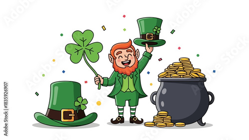 A cheerful leprechaun holding a shamrock and a hat, with a pot of gold.