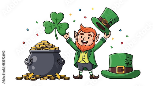 A cheerful leprechaun holding a shamrock and a hat, with a pot of gold and confetti, celebrating St. Patrick's Day.