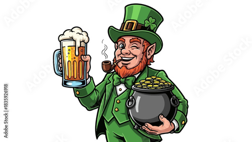 A cheerful leprechaun in a green suit holding a frothy beer and a pot of gold coins.