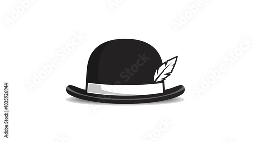 A detailed illustration of a black bowler hat with a white band and a feather.