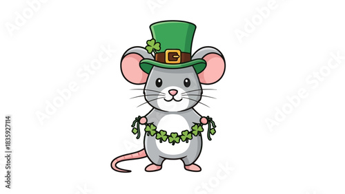 A cute cartoon mouse wearing a green leprechaun hat and holding a shamrock garland.