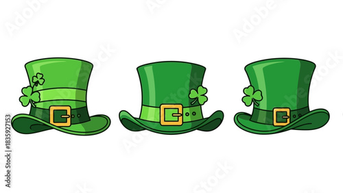 Three green St. Patrick's Day leprechaun hats with shamrocks and buckles.