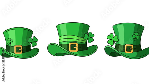 Three green leprechaun hats adorned with shamrocks and gold buckles, set against a white background.