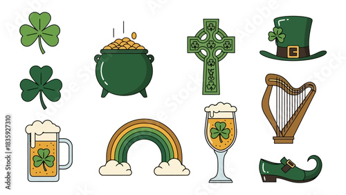 St. Patrick's Day icons: shamrocks, pot of gold, Celtic cross, hat, harp, beer, rainbow, glass, shoe.