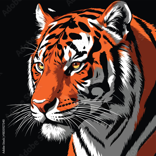 A close-up portrait of a majestic tiger with piercing yellow eyes and striking orange and black stripes against a dark background.
