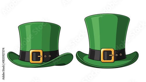 Two green leprechaun hats with gold buckles and black bands, isolated on a white background.