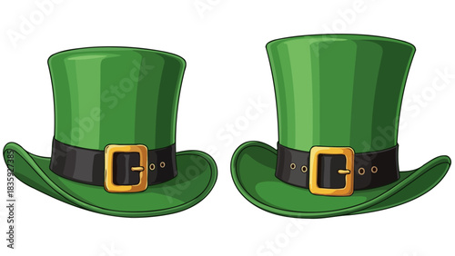 Two green leprechaun hats with black bands and gold buckles, isolated on a white background.