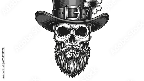 Black and white illustration of a skull wearing a top hat with a shamrock.