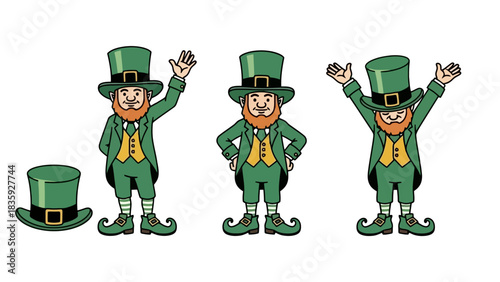 Three cartoon leprechauns in green outfits with hats, one hat alone, all on white background.
