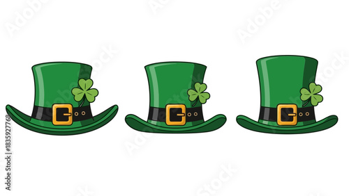 Three green St. Patrick's Day hats with shamrocks and gold buckles.