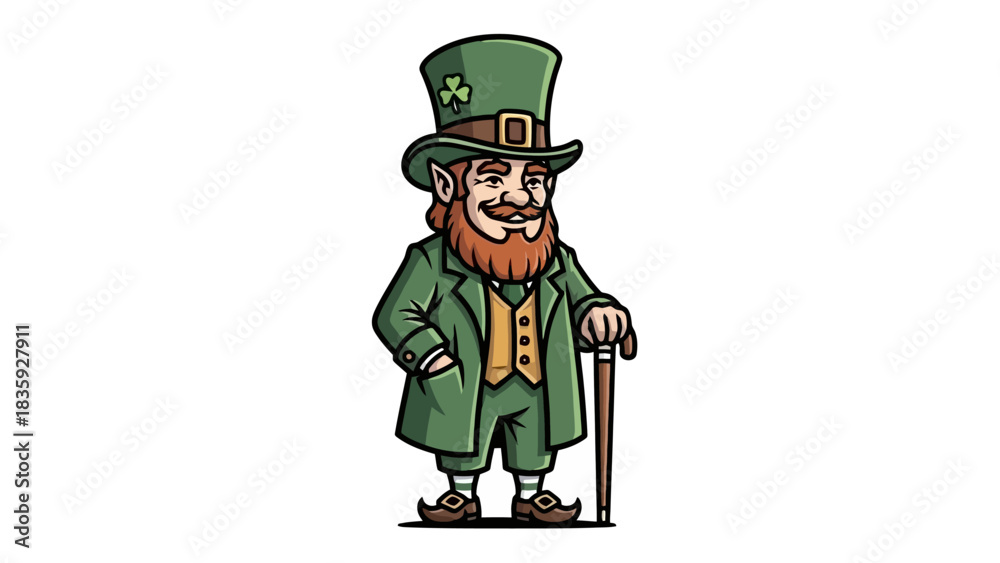 Fototapeta premium A cartoon illustration of a leprechaun, wearing a green suit and hat, holding a cane.
