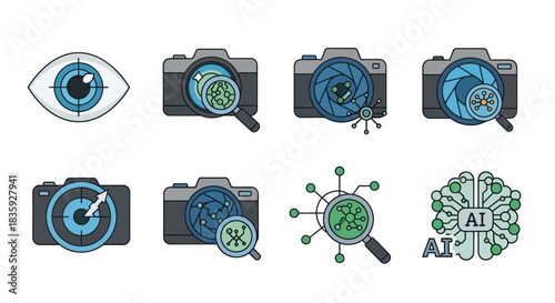 Camera and AI Technology Icons Set Representing Vision and Intelligence.