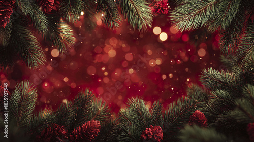 Holiday frame with lush pine needles and glowing festive light bokeh on red background creating warm seasonal atmosphere