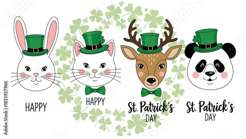Cute cartoon animals including a bunny, cat, deer, and panda celebrating St. Patrick's Day with hats and shamrocks.