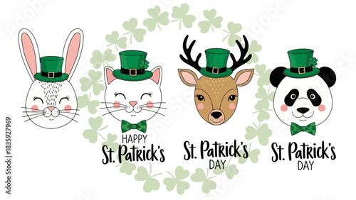 St. Patrick's Day animals: bunny, cat, deer, and panda wearing green hats and bowties.