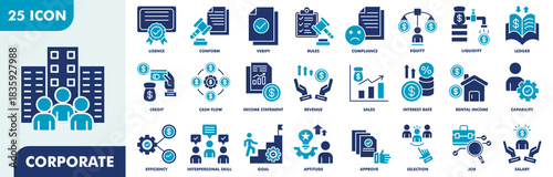 Corporate Icon Set Collection. Consist Of Compliance, license, verification, rules, equity, liquidity, ledger, credit, cash flow, income statement, revenue. Simple Vector Illustration