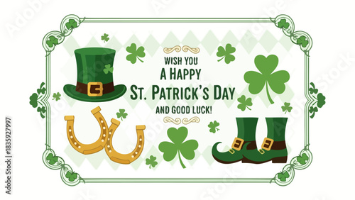 A festive St. Patrick's Day greeting featuring a green top hat, golden horseshoes, and leprechaun boots surrounded by shamrocks.