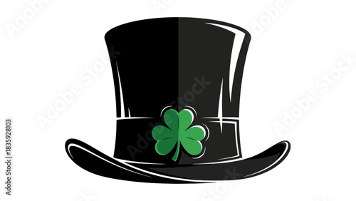 A black top hat with a green shamrock on the band, symbolizing St. Patrick's Day.