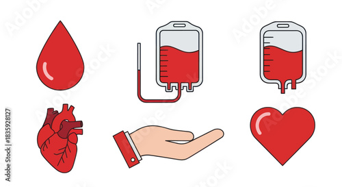 Blood Donation Icons: Drop Bag Heart and Hand Illustration.