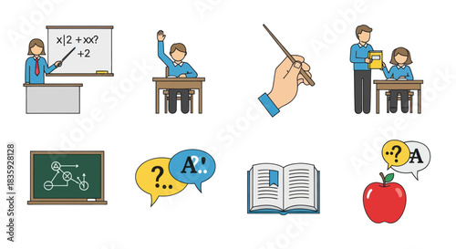 Educational Icons: Teacher Student Classroom and Learning Symbols.