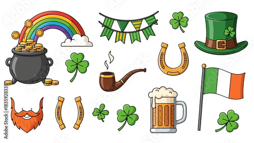 A collection of St. Patrick's Day symbols including a pot of gold under a rainbow, shamrocks, a leprechaun hat, a pipe, a horseshoe, and a mug of beer.