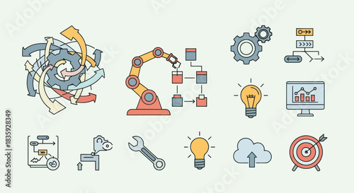 Collection of Industrial and Technological Icons Representing Automation and Processes.