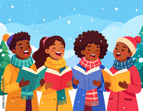 Four happy children of diverse ethnicities singing carols outdoors in a snowy winter landscape with trees.