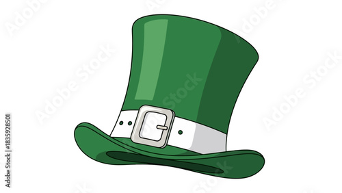 A cartoon illustration of a tall, green leprechaun hat with a white band and buckle.