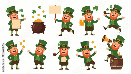 Collection of cartoon leprechauns in various poses, celebrating St. Patrick's Day.