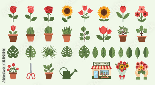 Colorful Flat Design Flower and Plant Gardening Vector Icon Set.