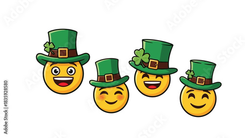 Four smiling emoji faces wearing green leprechaun hats with clovers for St. Patrick's Day.