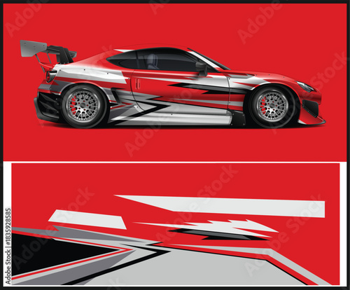 Red and white racing car wrap design for vehicle graphics and branding