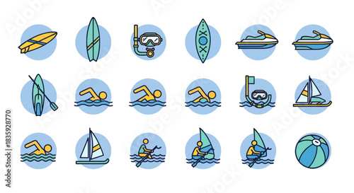 Collection of Colorful Summer Water Sports Icons on Blue Circles.