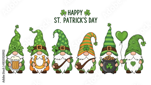 A charming collection of six St. Patrick's Day gnomes, each adorned in festive green attire and holding thematic accessories like a beer mug, horseshoe, pipe, pot of gold, and a balloon.