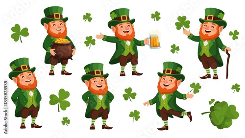 A collection of cheerful leprechauns in various poses, surrounded by shamrocks, celebrating St. Patrick's Day.