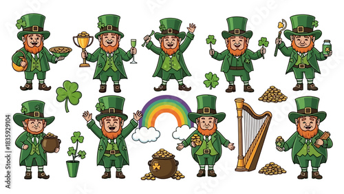 Collection of cartoon leprechauns in green outfits with various objects and symbols of luck.
