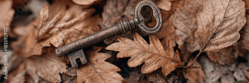 Mysterious old vintage antique key lost on ground among brown autumn leaf. This forgotten object suggests secret, nostalgic clue to an unanswered mystery