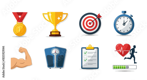 Fitness and Health Icons: Gold Medal Trophy Target Stopwatch Muscle Scale Checklist Running Man.