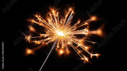Bright burning sparkler firework with golden light and magical glowing spark. festive bengal light on stick for happy new year celebration party at night