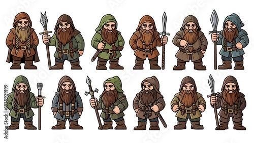 A collection of twelve pixel art illustrations of fantasy dwarves, each with unique armor and weaponry.