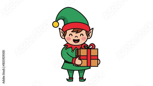 A cheerful cartoon elf wearing a green outfit and holding a wrapped gift.