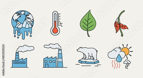 Collection of Climate Change and Environmental Impact Icons.