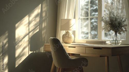 Minimal modern workspace with soft morning light, clean wooden desk by window, cozy chair, lamp, and vase with flowers creating calm and inviting atmosphere