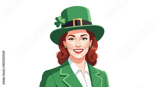 A smiling woman wearing a green leprechaun hat and jacket, celebrating St. Patrick's Day.