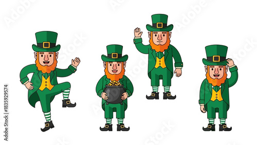 Four cartoon leprechauns in green outfits and hats, some holding pots of gold, on a white background.