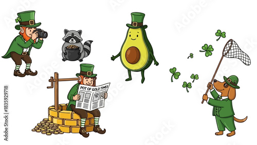A whimsical illustration featuring a leprechaun, avocado, raccoon, and a dog, all celebrating St. Patrick's Day.