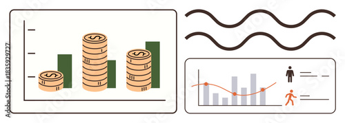 Stacked coins with bar chart, wave lines, and line chart with progress indicators. Ideal for finance, analytics, business growth, trends, performance marketing profitability. Simple flat metaphor