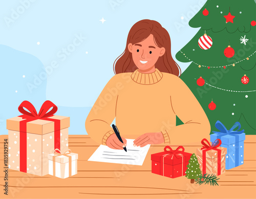 A young woman writes a letter at a table with Christmas gifts and a decorated tree in the background.