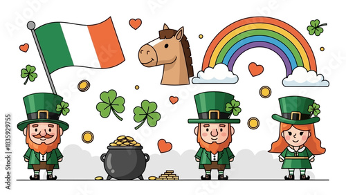 Charming graphic assets portraying the joyous spirit of an Irish holiday, including traditional characters, national symbols, and lucky charms in a playful, illustrative style