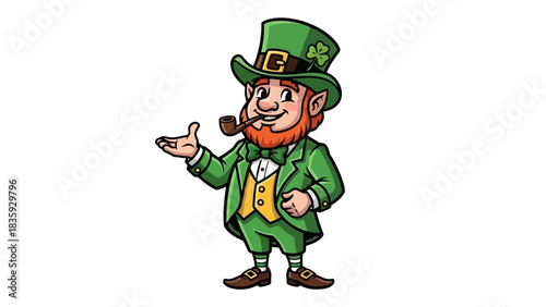 St Patrick's Day Leprechaun Character in Green Suit and Hat with Pipe
